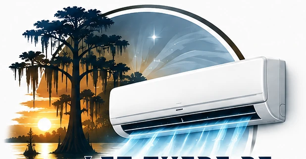 Louisiana bayou sunset and mini-split air conditioner illustration adapted from the Let There Be Air brand logo