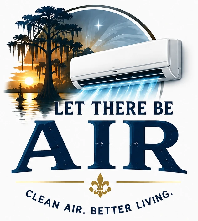 Let There Be Air brand art showing a mini-split cooling unit, sunset on a Louisiana bayou, cypress trees, and a fleur-de-lis